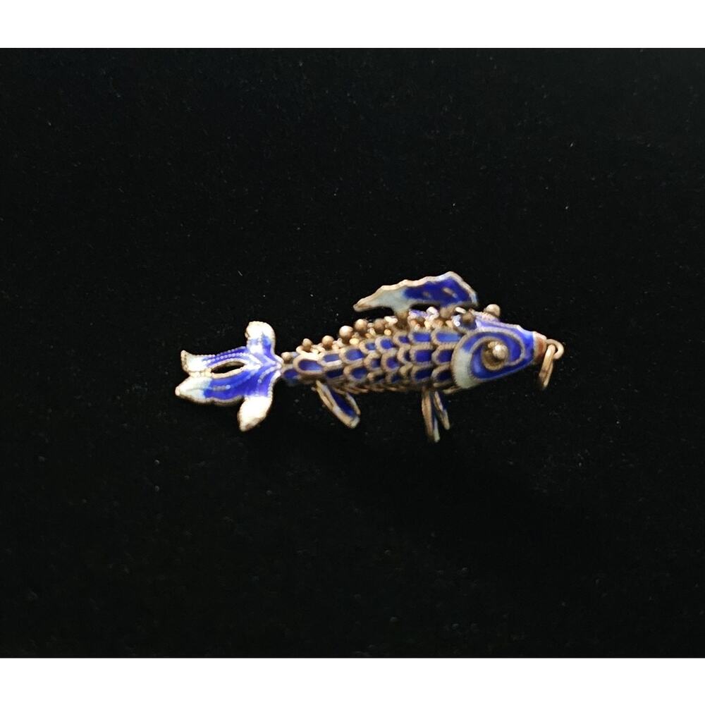 Vintage Koi Fish Cloisonne Articulated Enamel Ornament Pendant Shades of Blue
